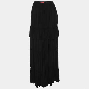 Lanvin Black Silk Layered Ruffle Maxi Skirt L