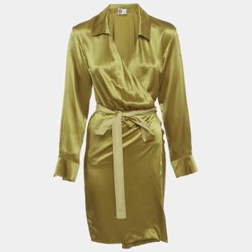 Pre Owned Lanvin Green Satin Silk Short Wrap Dress S