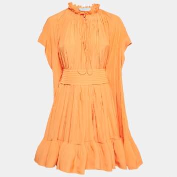 Pre Owned Lanvin Orange Crepe Cape Detail Ruffled Charmeuse Dress L