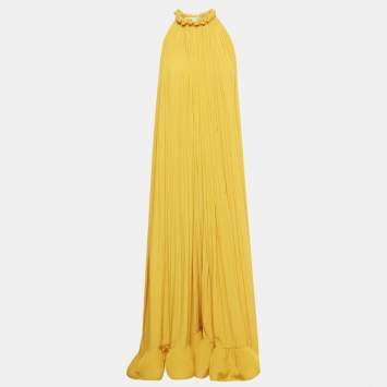 Pre Owned Lanvin Yellow Charmeuse Gathered Asymmetric Tribute Long Dress S 