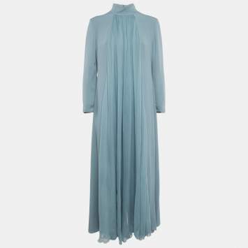 مملوكة مسبقًا Lanvin Slate Blue Silk Drape Detail Maxi Dress L