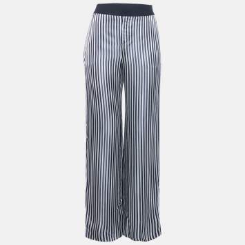 Pre Owned Lanvin White/Navy Blue Striped Satin Trousers S