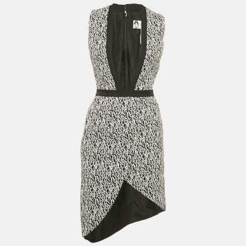 مملوكة مسبقًا Lanvin Black/ White Logo Print Crepe Plunge Neck Dress S