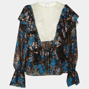 مملوكة مسبقًا Lanvin Black Floral Brocade & Lace Ruffled Blouse M