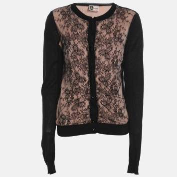 Pre Owned Lanvin Black/Peach Jersey and Lace Tops and Cardigan Set S