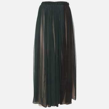 Pre Owned Lanvin Green Silk Gathered Maxi Skirt M
