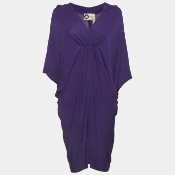 مملوكة مسبقًا Lanvin Purple Stretch Knit Ruched V-Neck Mini Dress 