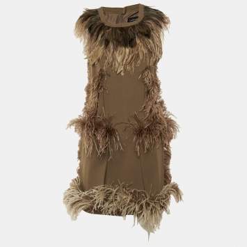 مملوكة مسبقًا Lanvin Brown Wool & Feather Trim Sleeveless Mini Dress L