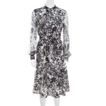 Pre Owned Lanvin Dark Grey Floral Printed Silk Belted Midi Dress S