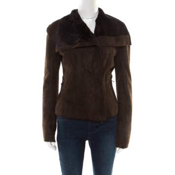 Pre Owned Lanvin Chocolate Brown Lambskin Leather Shearling Lined Biker Jacket M