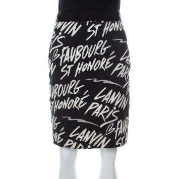 Pre Owned Lanvin Black Printed Cotton Stretch Sheath Skirt M