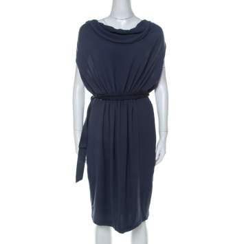 Pre Owned Lanvin Blue-Grey Crepe Gathered Waist Belted Draped Dress M