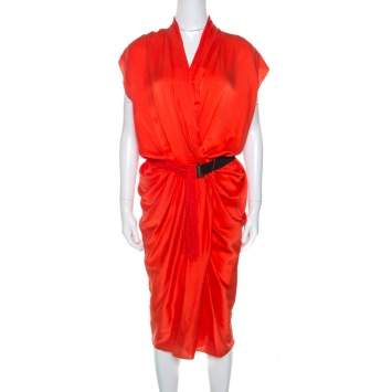 Pre Owned Lanvin Orange Silk Draped Front Belted Dress M