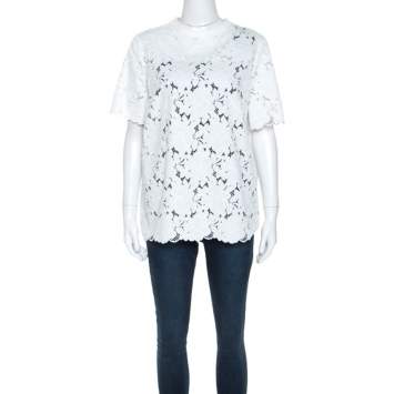 Pre Owned Lanvin White Guipure Lace Short Sleeve Top L