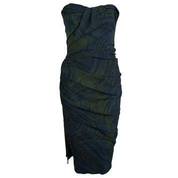 Pre Owned Lanvin Bottle Green Palm Leaf Print Strapless Ruched Midi Dress M