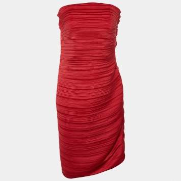Pre Owned Lanvin Red Plisse Strapless Mini Dress M