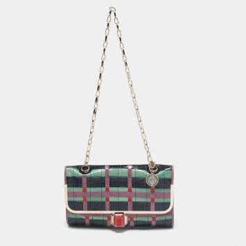 Pre Owned Lanvin Multicolor Woven Croc Embossed Patent Leather Flap Shoulder Bag