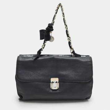 Lanvin Navy Blue Croc Embossed and Leather Flap Shoulder Bag