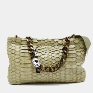 Pre Owned Lanvin Mint Green Python Crystals Embellish Chain Clutch