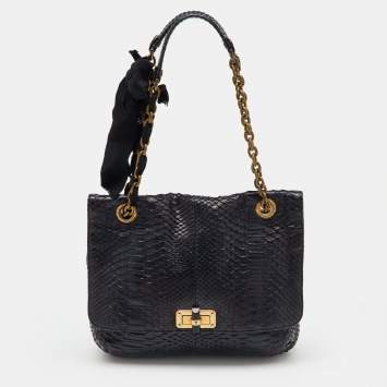 Pre Owned Lanvin Navy Blue Python Happy Flap Shoulder Bag
