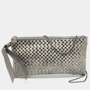 مملوكة مسبقًا Lanvin Woven Metallic/Grey Patent Leather and Suede Chain Clutch