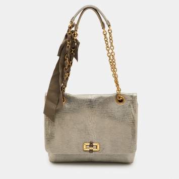 مملوكة مسبقًا Lanvin Happy Metallic Silver Lizard Embossed Leather Flap Shoulder Bag