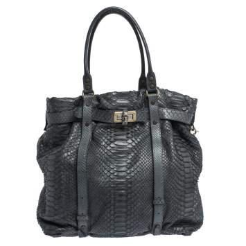 Pre Owned Lanvin Dark Blue Python Kentucky Tote