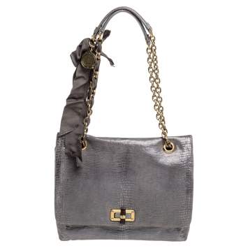 Pre Owned Lanvin Metallic Silver Lizard Embossed Leather Happy Shoulder Bag