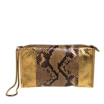 Pre Owned Lanvin Beige/Gold Python Metal Edge Pouch