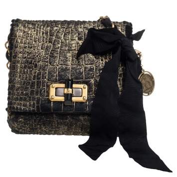 Pre Owned Lanvin Black/Gold Crocodile Print Calfhair Mini Happy Crossbody Bag