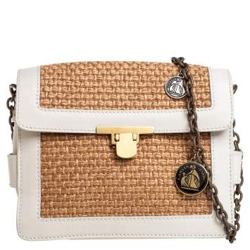 Pre Owned Lanvin White/Beige Raffia and Leather Trim Shoulder Bag