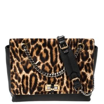 Pre Owned Lanvin Black/Brown Leopard Print Pony Hair and Leather Happy Shoulder Bag