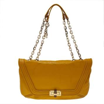 Pre Owned Lanvin Yellow Crinkled Leather Happy Flap Shoulder Bag