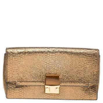 Pre Owned Lanvin Gold Python Effect Leather Wristlet Clutch