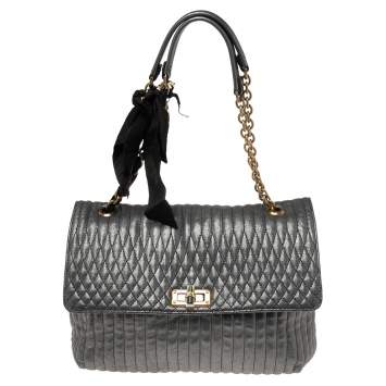 Pre Owned Lanvin Metallic Grey Quilted Leather Happy Shoulder Bag