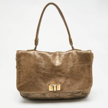 Pre Owned Lanvin Gold Cracked Suede Flap Top Handle Bag