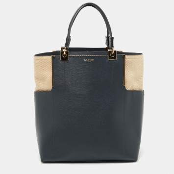 Pre Owned Lanvin Dark Blue, Beige Leather and Python Partition Tote
