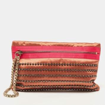 Pre Owned Lanvin Brown/Pink Satin Crystal Embellished Chain Clutch