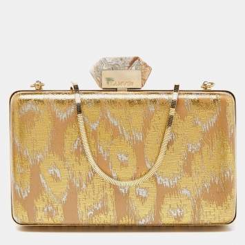Pre Owned Lanvin Beige/Gold Printed Leather Chain Clutch