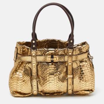 Pre Owned Lanvin Gold Laminated Python Kentucky Tote