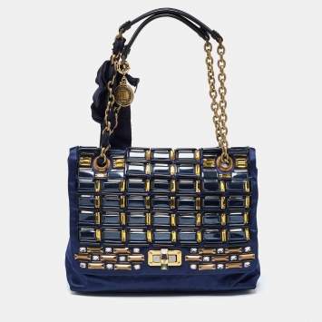 Pre Owned Lanvin Navy Blue/Black Satin and Leather Crystals Embellished Happy Shoulder Bag