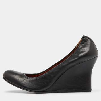 Pre Owned Lanvin Black Leather Wedge Pumps Size 38.5