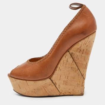 Pre Owned Lanvin Beige Leather Wedge Platform Pumps Size 39