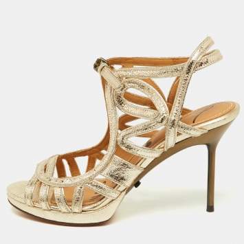Pre Owned Lanvin Gold Leather Slingback Sandals Size 38.5
