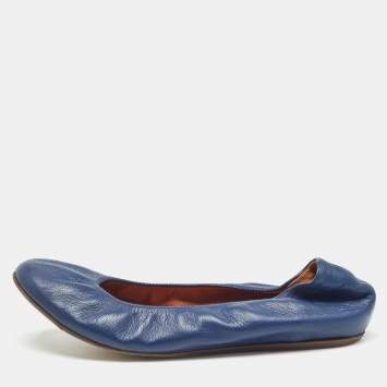 Pre Owned Lanvin Navy Blue Leather Scrunch Ballet Flats Size 38