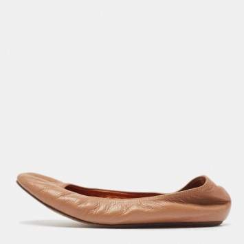 Pre Owned Lanvin Beige Leather Scrunch Ballet Flats Size 38