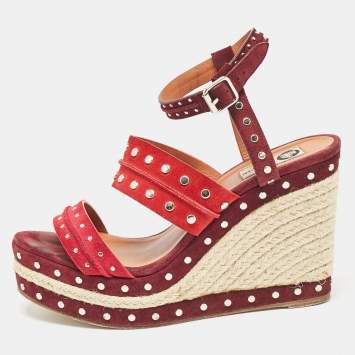Pre Owned Lanvin Multicolor Suede Studded Wedge Ankle Strap Sandals Size 41