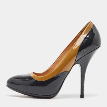 Pre Owned Lanvin Brown/Navy Blue Patent Leather Round Toe Pumps Size 38.5
