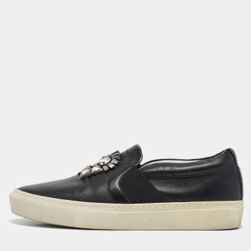 Pre Owned Lanvin Black Leather Crystal Embellished Lace Up Sneakers Size 38