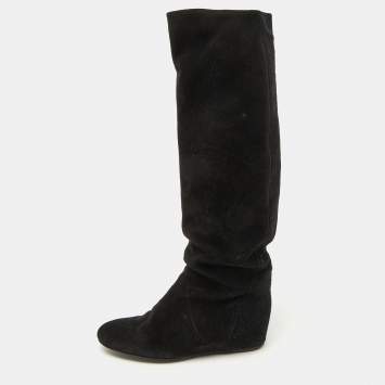 Pre Owned Lanvin Black Suede Knee Length Wedge Boots Size 39